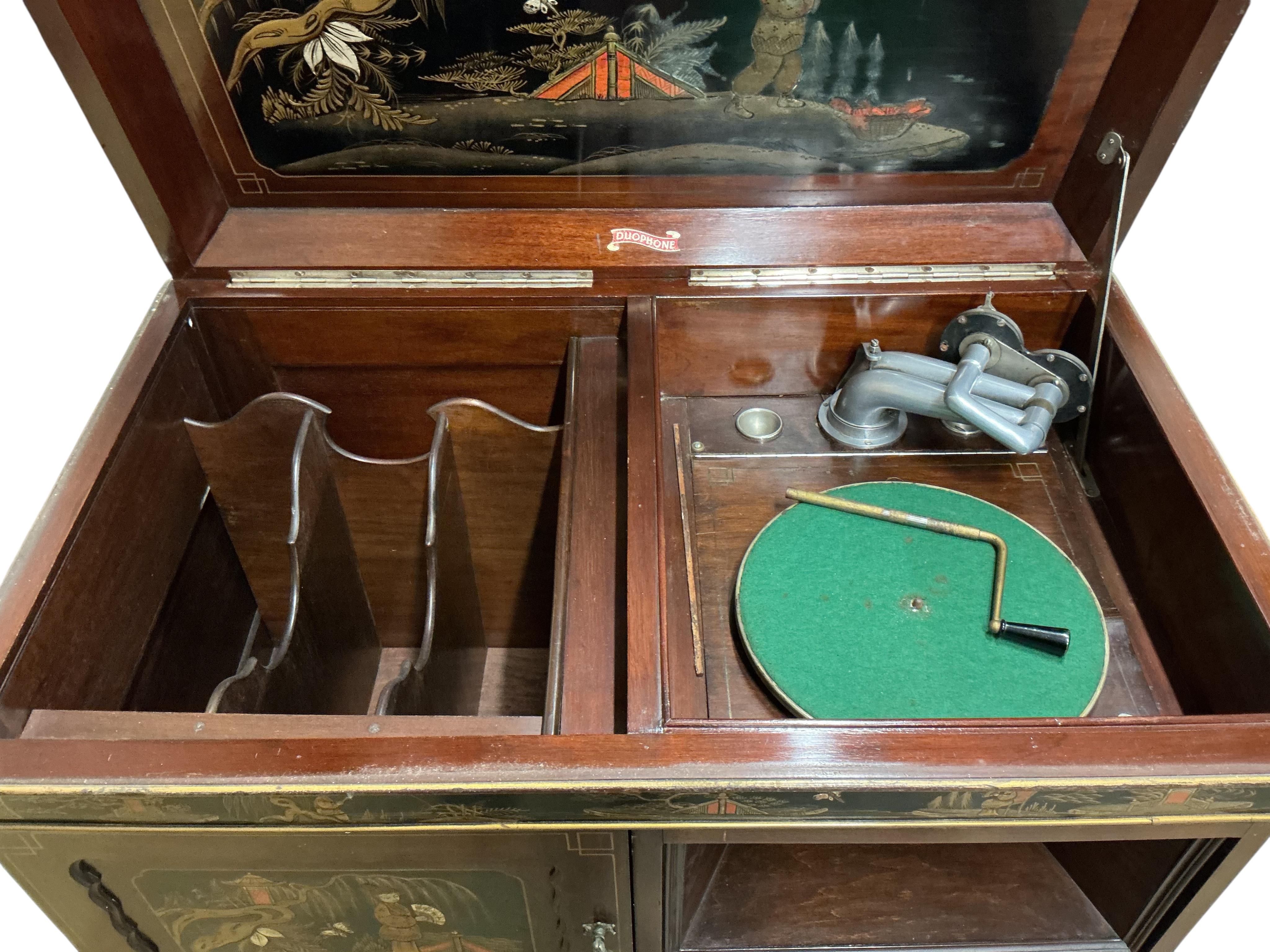 An early 20th century chinoiserie lacquer Duophone cabinet gramophone, width 94cm, depth 57cm, height 86cm